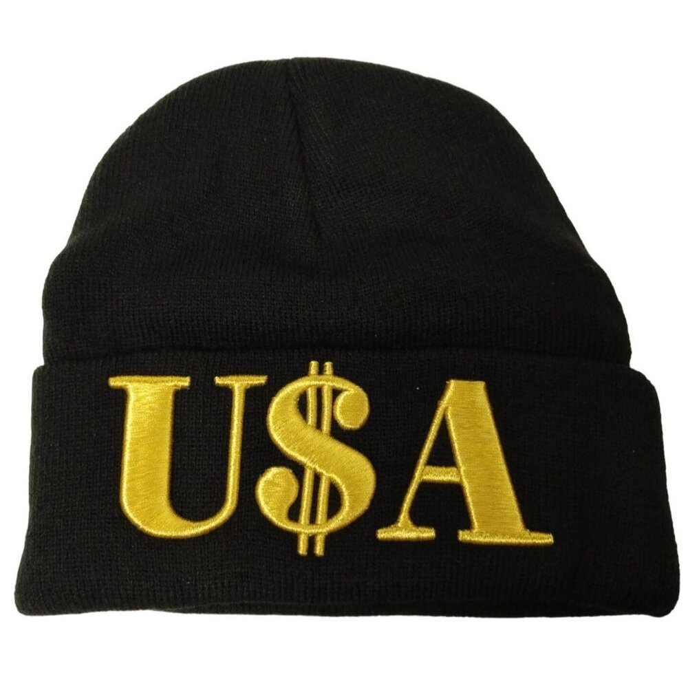 USA Dollar Sign Money Black Gold Beanie Skull Cap Toque Mens Style Street Wear